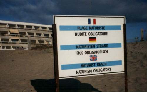 Sign on the beach at Cap d'Agde (Wikimedia Commons)